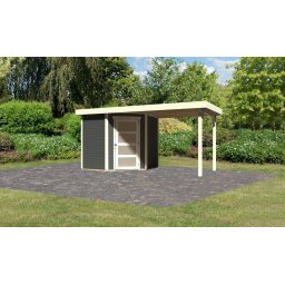Karibu Schwandorf 3. Terra szürke színű fa 5 oldalas kerti tároló, fészer tetővel, bővítménnyel/terasszal, modern dizájnnal, 433 cm x 217 cm