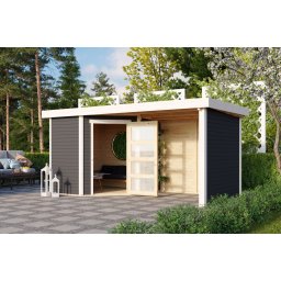 Karibu Schwandorf 3. Terra szürke fa 5 oldalas kerti tároló, fészer tetővel, oldal- és hátfallal rendelkező bővítménnyel/terasszal, modern dizájnnal, 433 cm x 217 cm
