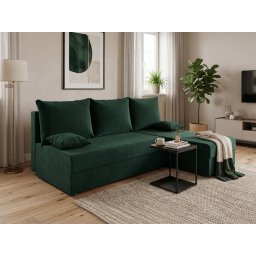 Ágyazható, kétoldalas L alakú kanapé VALERIO SLIM 200x140 cm, sötétzöld színű + 2 db díszpárna INGYEN