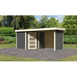 Karibu Schwandorf 5. Terra szürke fa 5 oldalas kerti tároló, fészer tetővel, oldal- és hátfallal rendelkező bővítménnyel/terasszal, modern dizájnnal, 462 cm x 246 cm