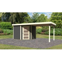 Karibu Schwandorf 5. Terra szürke színű fa 5 oldalas kerti tároló, fészer tetővel, bővítménnyel/terasszal, modern dizájnnal, 497 cm x 246 cm