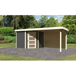 Karibu Schwandorf 5. Terra szürke színű fa 5 oldalas kerti tároló, fészer tetővel, hátfallal rendelkező bővítménnyel/terasszal, modern dizájnnal, 497 cm x 246 cm
