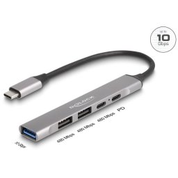 Delock 4-portos, vékony USB Type-C hub, amely 1 db USB 10 Gbps Type-A 2 db USB 2.0 Type-A 1 db USB 2.0 USB Type-C csatlakozóval rendelkezik, valamint PD 9 támogatással