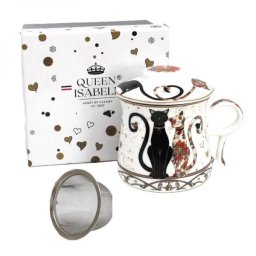 Fekete-arany cicás porcelán bögre fém szűrővel és tetővel - 350 ml