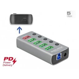 Delock USB 3.2 Gen 1 elosztó 4 porttal 1 gyorstöltő porttal 1 USB-C PD 3.0 porttal, kapcsolóval és háttérvilágítással