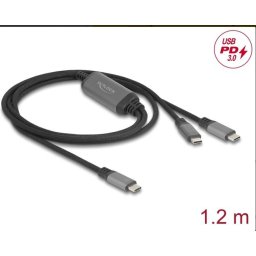 Delock Y-alakú USB-C kábel, 1 x csatlakozóból 2 x PD 3.0 csatlakozóra, 100 W-os intelligens áramelosztás, 1,2 m