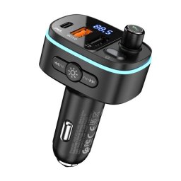 HOCO E62 bluetooth FM transmitter autós töltő 2 USB+Type-C aljzat (v5.0, 20W, PD gyorstöltő, LED kijelző) FEKETE