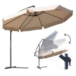 Függő Gémes Kitekerhető Napernyő Talppal, 3,5 m, beige, takaróponyvával, 8 db acél merevítőbordával, 180 g/m2