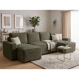 Kinyitható U alakú ülőgarnitúra SMART BOUCLE 303x143 cm, sötétzöld