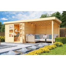 Karibu Askola 3.5 Lapostetős kerti ház, kerti tároló, hátfallal rendelkező bővítménnyel/terasszal, natúr fából 497 cm x 246 cm