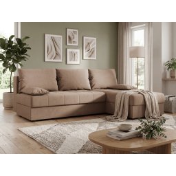 Ágyazható, kétoldalas L alakú kanapé VENORIA SLIM 200x143 cm, bézs színű + 2 db díszpárna INGYEN