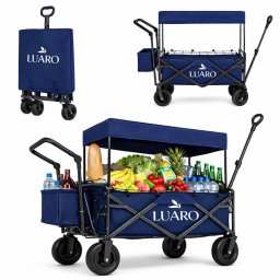 LUARO strandszállító kocsi, összecsukható napellenzővel és hálóval, tengerészkék színű