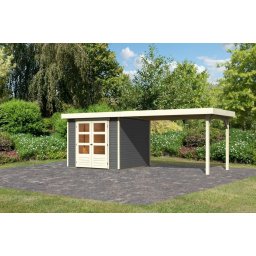 Karibu Askola 3.5 Lapostetős kerti ház, kerti tároló, bővítménnyel/terasszal, terra szürke színű fából 497 cm x 246 cm