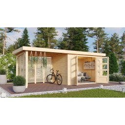Karibu Askola 4. Lapostetős kerti ház, kerti tároló, nyitott lamellás oldal- és hátfallal rendelkező bővítménnyel/terasszal natúr fából 557 cm x 217 cm