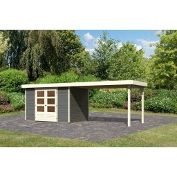 Karibu Askola 4. Lapostetős kerti ház, kerti tároló, bővítménnyel/terasszal terra szürke színű fából 557 cm x 217 cm
