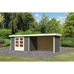 Karibu Askola 4. Lapostetős kerti ház, kerti tároló, oldal- és hátfallal rendelkező bővítménnyel/terasszal terra szürke színű fából 557 cm x 217 cm