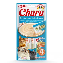 Inaba Cat Ciao Churu krémes macskaeledel - tonhal, tenger gyümölcsei 4 x (4 x 14 g)