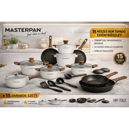Masterpan 15 részes edénykészlet - tapadásmentes alumínium főzőszett, üveg fedőkkel, fa hatású nyéllel- fehér színben