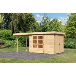 Karibu Retola 2. Lapostetős kerti ház beépített oldalsó tárolóval, fedett bővítménnyel/terasszal natúr fából 508 cm x 217 cm