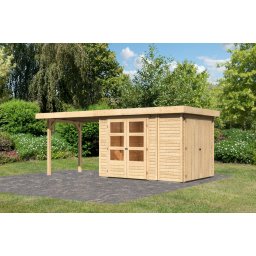 Karibu Retola 2. Lapostetős kerti ház beépített oldalsó tárolóval, fedett bővítménnyel/terasszal natúr fából 543 cm x 217 cm