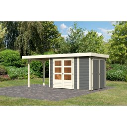 Karibu Retola 2. Lapostetős kerti ház beépített oldalsó tárolóval, fedett bővítménnyel/terasszal terra szürke színű fából 508 cm x 217 cm