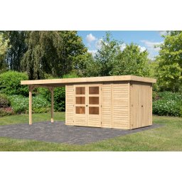 Karibu Retola 3. Lapostetős kerti ház beépített oldalsó tárolóval, bővítménnyel/terasszal natúr fából 572 cm x 217 cm