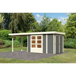 Karibu Retola 3. Lapostetős kerti ház beépített oldalsó tárolóval, bővítménnyel/terasszal terra szürke színű fából 572 cm x 217 cm