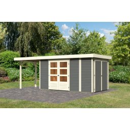 Karibu Retola 5. Lapostetős nagyméretű kerti ház beépített oldalsó tárolóval, bővítménnyel/terasszal, terra szürke színű fából 597 cm x 217 cm