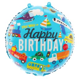 Járművek, kék, Happy Birthday, fólia lufi, 18"/45cm