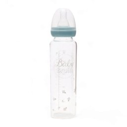 Hőálló üveg cumisüveg, szilikon etetőcumival, cseppmentes kupakkal 240 ml - kék