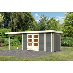 Karibu Retola 5. Lapostetős nagyméretű kerti ház beépített oldalsó tárolóval, bővítménnyel/terasszal, terra szürke színű fából 632 cm x 217 cm