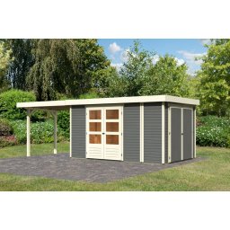 Karibu Retola 6. Lapostetős nagyméretű kerti ház beépített oldalsó tárolóval, bővítménnyel/terasszal, terra szürke színű fából 632 cm x 246 cm