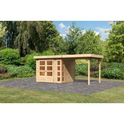 Karibu Kerko 3. Lapostetős kerti ház, sarokablakkal, bővítménnyel/terasszal, natúr fából 462 cm x 217 cm