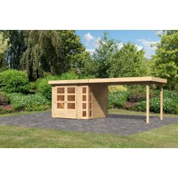 Karibu Kerko 3. Lapostetős kerti ház, sarokablakkal, bővítménnyel/terasszal, natúr fából 497 cm x 217 cm