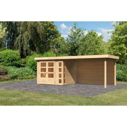 Karibu Kerko 3. Lapostetős kerti ház, sarokablakkal, hátfallal rendelkező bővítménnyel/terasszal, natúr fából 497 cm x 217 cm