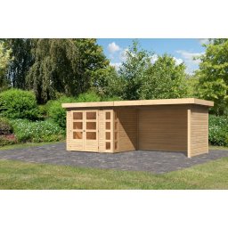 Karibu Kerko 3. Lapostetős kerti ház, sarokablakkal, oldal- és hátfallal rendelkező bővítménnyel/terasszal, natúr fából 497 cm x 217 cm
