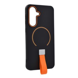 Szilikon telefonvédő (mikrofiber plüss belső, kameravédő, ujjra húzható pánt, MagSafe) FEKETE Samsung Galaxy A56 5G (SM-A566), Galaxy A36 5G (SM-A366)