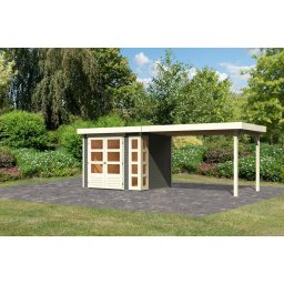 Karibu Kerko 3. Lapostetős kerti ház, sarokablakkal, bővítménnyel/terasszal, terra szürke színű fából 497 cm x 217 cm