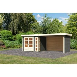 Karibu Kerko 3. Lapostetős kerti ház, sarokablakkal, oldal- és hátfallal rendelkező bővítménnyel/terasszal, terra szürke színű fából 497 cm x 217 cm
