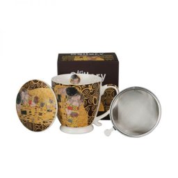 Klimt porcelán csésze / bögre fémszűrővel és tetővel - 510 ml - A csók/Életfa / barna