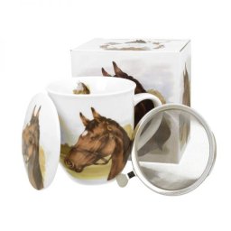 Lovas fémszűrős porcelán teásbögre 430 ml - díszdobozos