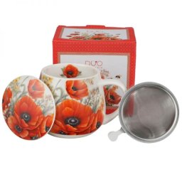 Pipacsos fémszűrős porcelán teásbögre 430 ml - díszdobozos