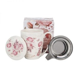 Rózsás porcelán bögre fémszűrővel és tetővel - SECESJA díszdobozos