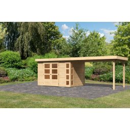 Karibu Kerko 4. Lapostetős kerti ház, modern sarokablakkal, bővítménnyel/terasszal natúr fából 561 cm x 217 cm