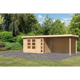 Karibu Kerko 4. Lapostetős kerti ház, modern sarokablakkal, hátfallal rendelkező bővítménnyel/terasszal natúr fából 561 cm x 217 cm