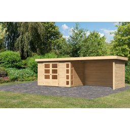 Karibu Kerko 4. Lapostetős kerti ház, modern sarokablakkal, oldal- és hátfallal rendelkező bővítménnyel/terasszal natúr fából 561 cm x 217 cm