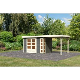 Karibu Kerko 4. Lapostetős kerti ház, modern sarokablakkal, bővítménnyel/terasszal terra szürke színű fából 522 cm x 217 cm