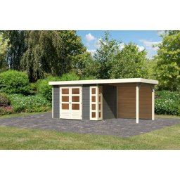 Karibu Kerko 4. Lapostetős kerti ház, modern sarokablakkal, hátfallal rendelkező bővítménnyel/terasszal terra szürke színű fából 522 cm x 217 cm