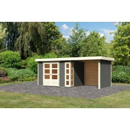 Karibu Kerko 4. Lapostetős kerti ház, modern sarokablakkal, oldal- és hátfallal rendelkező bővítménnyel/terasszal terra szürke színű fából 522 cm x 217 cm