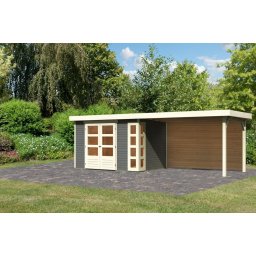 Karibu Kerko 4. Lapostetős kerti ház, modern sarokablakkal, hátfallal rendelkező bővítménnyel/terasszal terra szürke színű fából 561 cm x 217 cm
